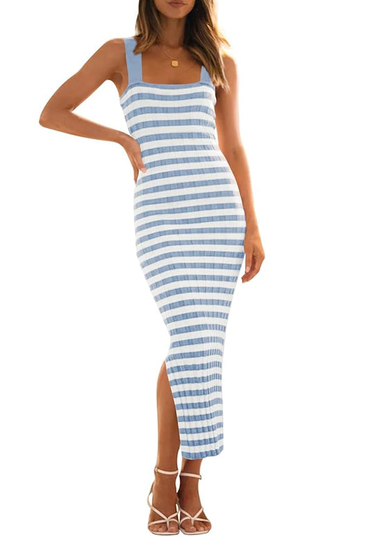 Women's 2025 Summer Bodycon Midi Dress Vacation Sleeveless Ribbed Knit Striped Party Sweater Dresses